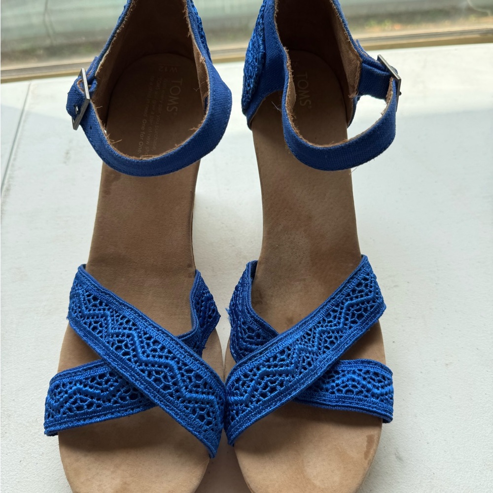 Toms Blue Wedge Sandals with Woven Straps